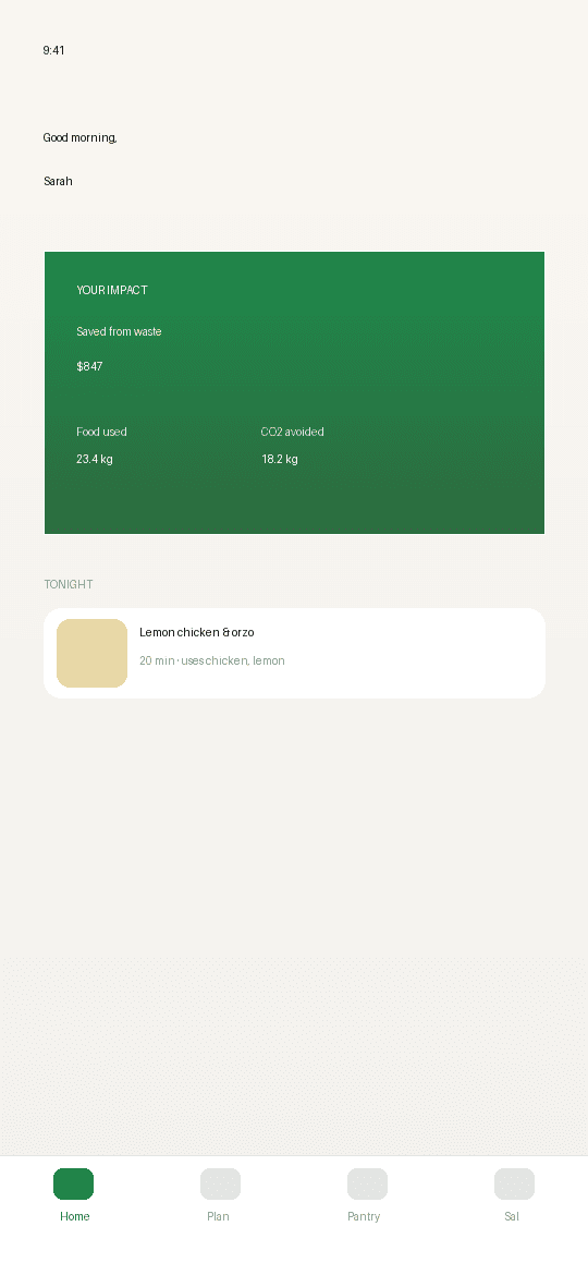 Salare app — Your Impact screen showing £847 saved from food waste